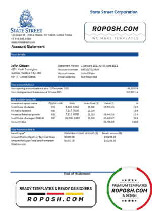 USA State Street Corporation bank statement template in Word and PDF format