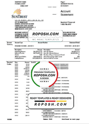 USA SunTrust bank proof of address statement template in Word and PDF format, .doc format