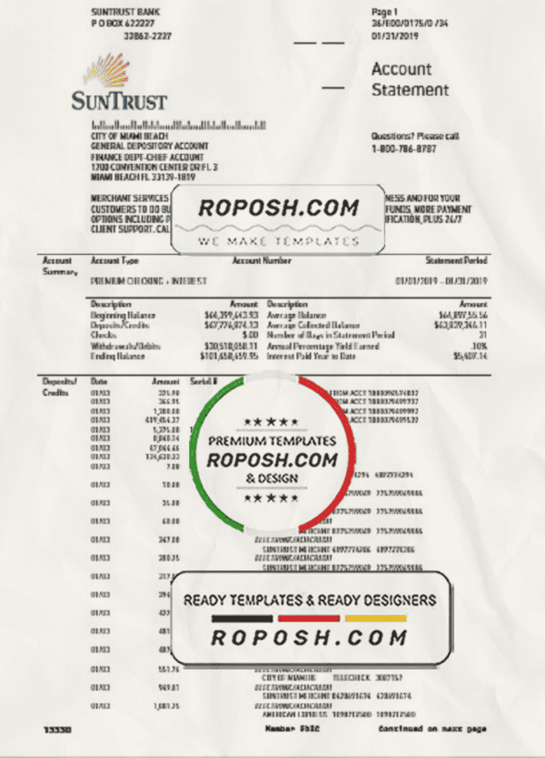 USA SunTrust bank proof of address statement template in Word and PDF format, .doc format