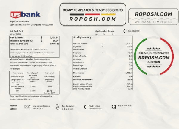 USA U.S. bank credit card statement template in .xls and .pdf file format
