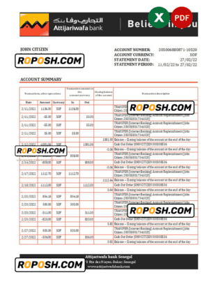 Senegal Attijariwafa bank statement, Excel and PDF template