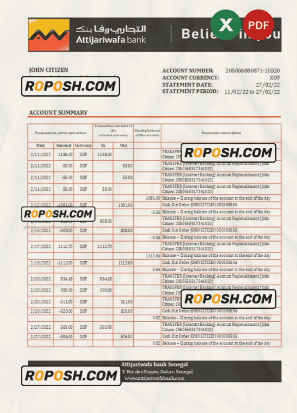 Senegal Attijariwafa bank statement, Excel and PDF template