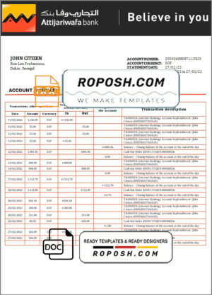 Senegal Attijariwafa bank statement template in Word and PDF format