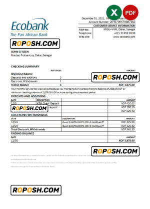Senegal Ecobank bank statement, Excel and PDF template