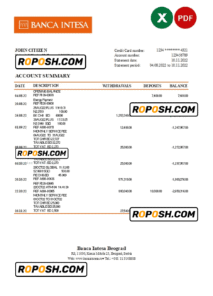 Serbia Banca Intesa bank statement, Excel and PDF template