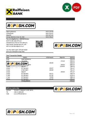 Serbia Raiffeisen bank statement, Excel and PDF template