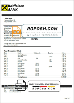 Serbia Raiffeisen bank statement template in Word and PDF format