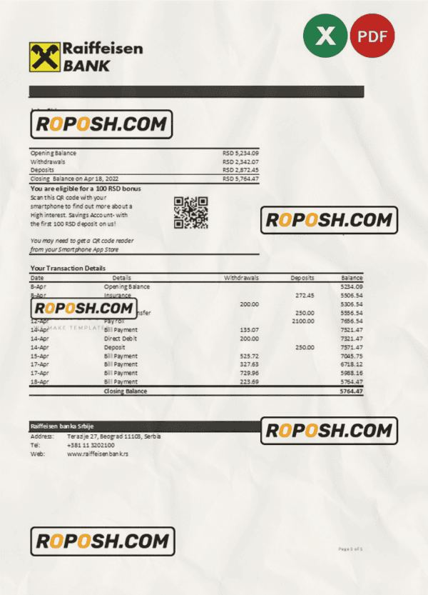 Serbia Raiffeisen bank statement, Excel and PDF template