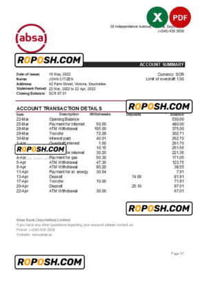 Seychelles ABSA bank statement, Excel and PDF template