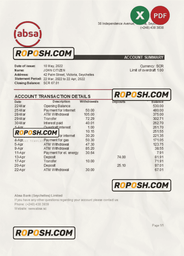 Seychelles ABSA bank statement, Excel and PDF template