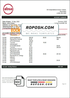 Seychelles ABSA bank statement template in Word and PDF format