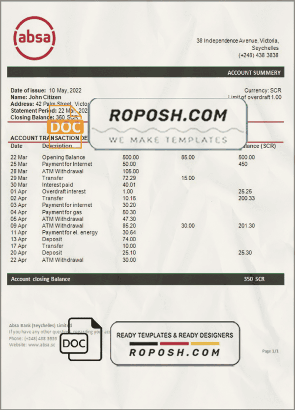 Seychelles ABSA bank statement template in Word and PDF format