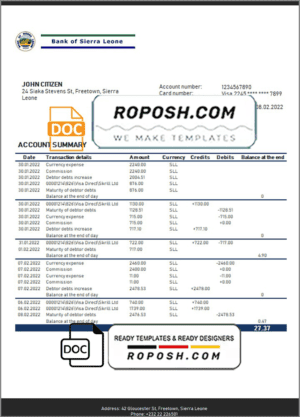 Sierra Leone Bank of Sierra Leone bank statement template in Word and PDF format