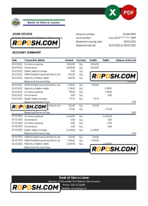 Sierra Leone Bank of Sierra Leone bank statement, Excel and PDF template