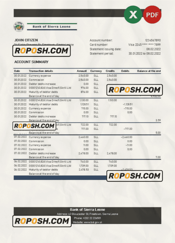 Sierra Leone Bank of Sierra Leone bank statement, Excel and PDF template
