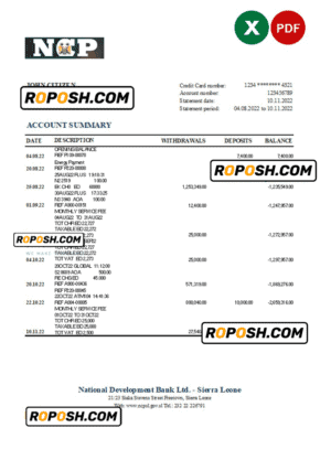 Sierra Leone National Development bank statement, Excel and PDF template