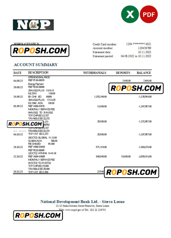 Sierra Leone National Development bank statement, Excel and PDF template