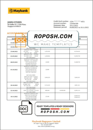 Singapore Maybank bank statement template in Word and PDF format