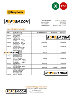 Singapore Maybank bank statement, Excel and PDF template