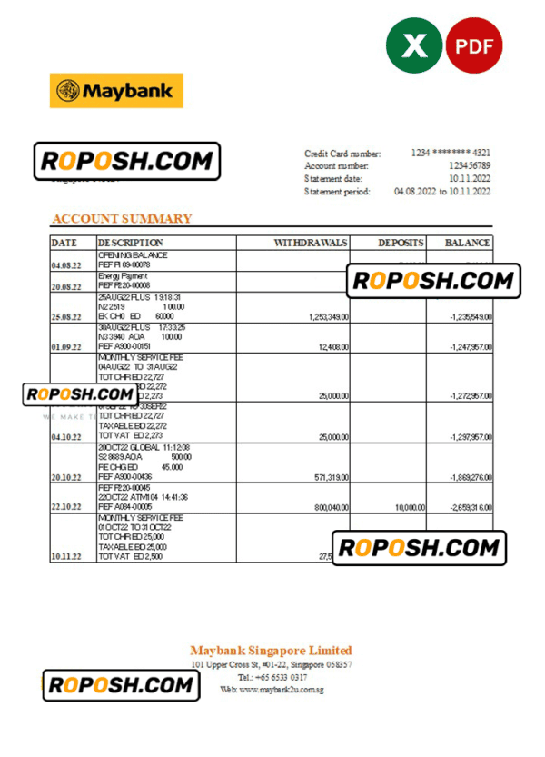 Singapore Maybank bank statement, Excel and PDF template