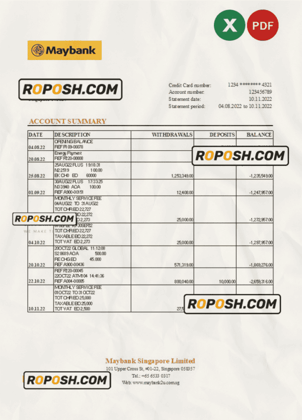 Singapore Maybank bank statement, Excel and PDF template