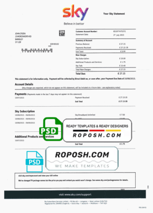 United Kingdom Sky utility bill template, fully editable in PSD format