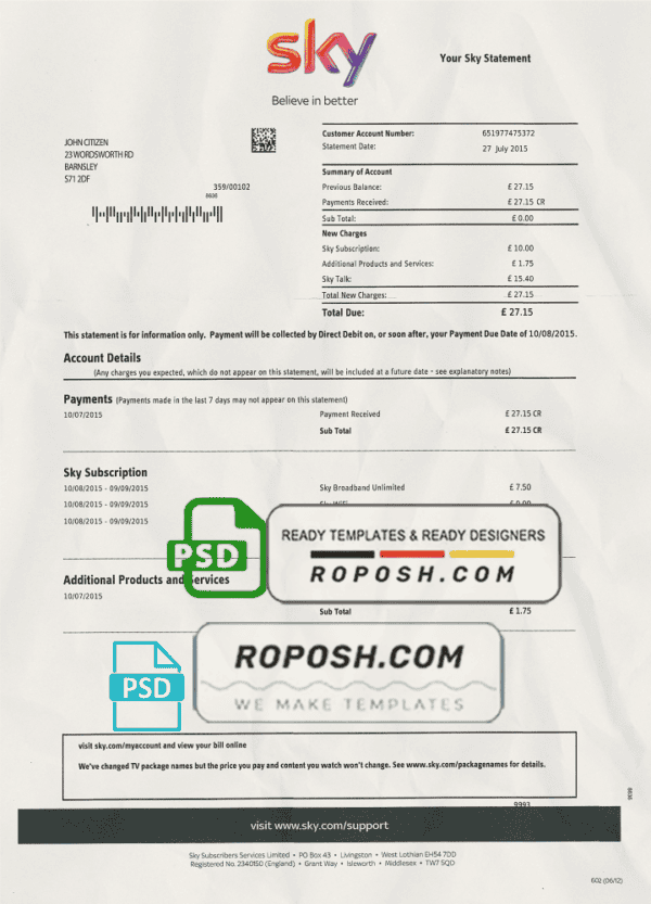 United Kingdom Sky utility bill template, fully editable in PSD format