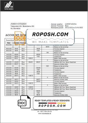 Slovakia Tatra bank statement template in Word and PDF format