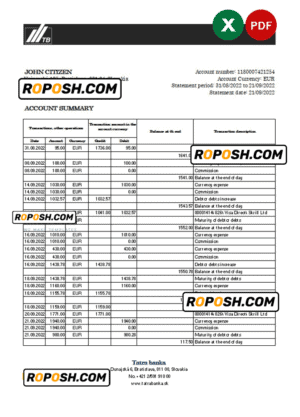 Slovakia Tatra bank statement, Excel and PDF template, version 2