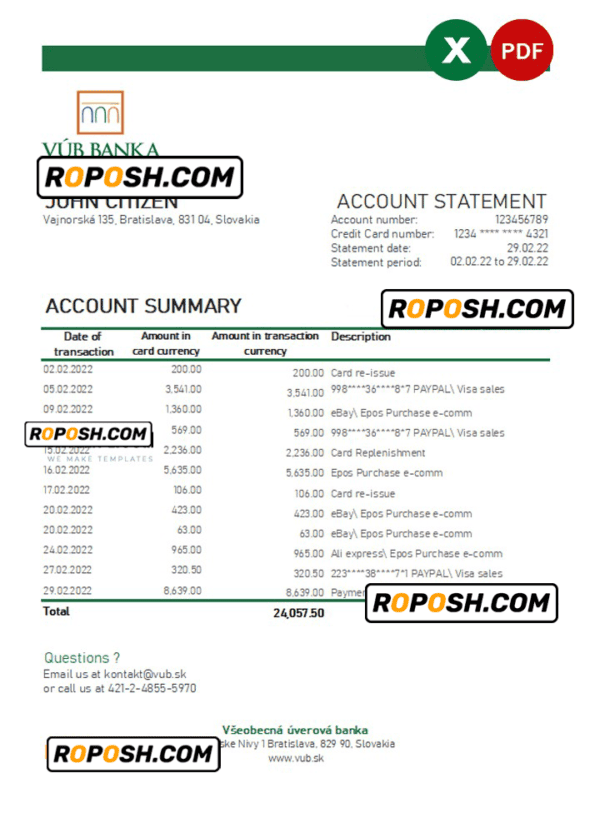 Slovakia VUB bank statement, Excel and PDF template