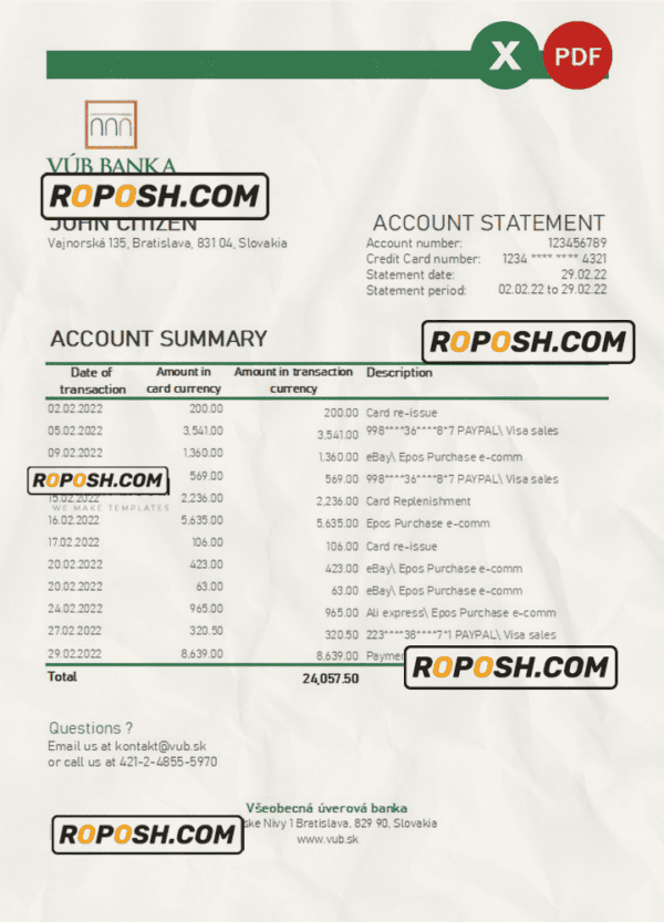 Slovakia VUB bank statement, Excel and PDF template