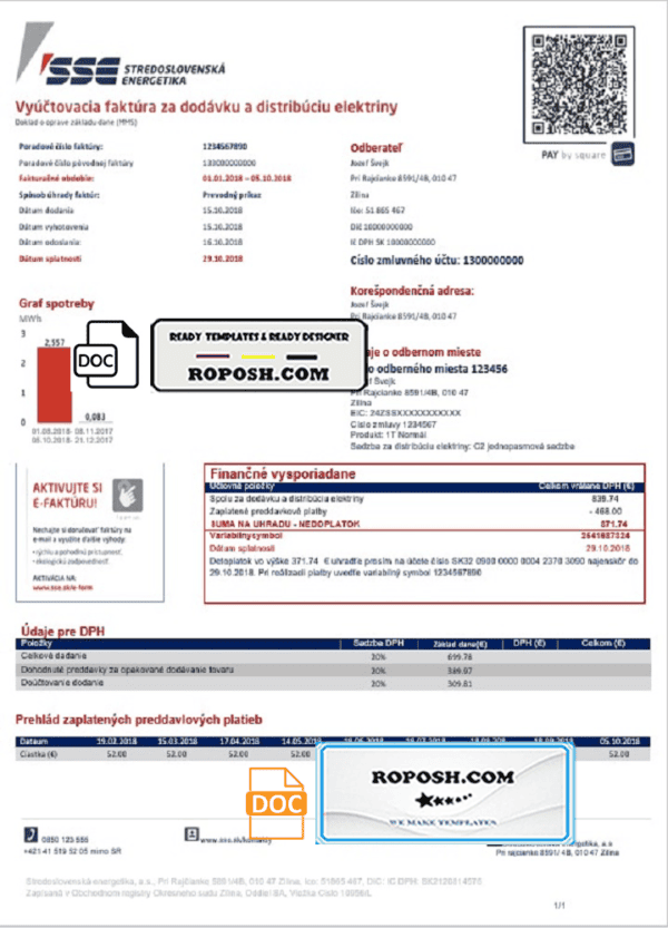 Slovakia Stredoslovenka Energetika utility bill template in Word and PDF format
