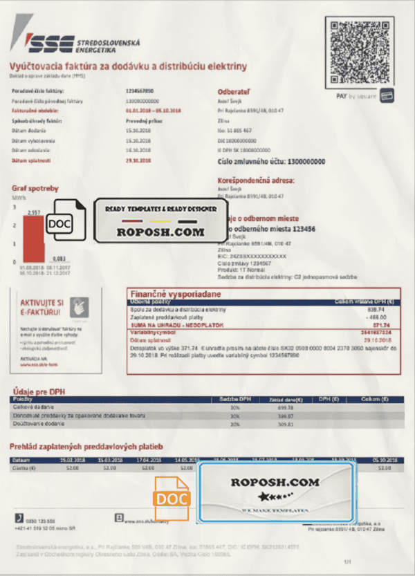 Slovakia Stredoslovenka Energetika utility bill template in Word and PDF format