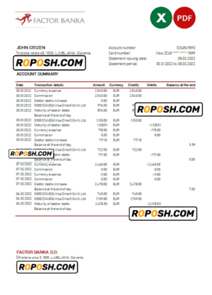Slovenia Factor Banka bank statement, Excel and PDF template