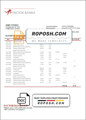 Slovenia Factor Banka bank statement in Word and PDF format