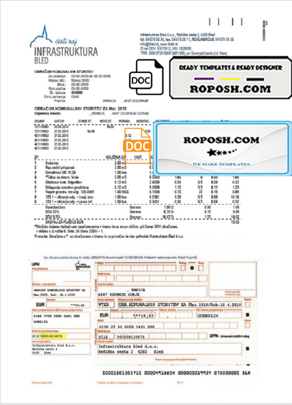 Slovenia Infrastruktura Bled utility bill template in Word and PDF format (.doc and .pdf)