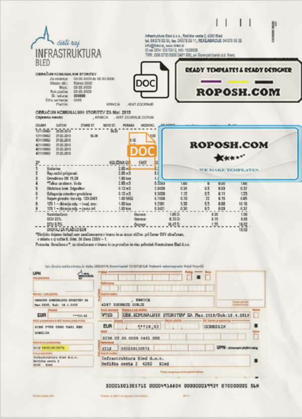 Slovenia Infrastruktura Bled utility bill template in Word and PDF format (.doc and .pdf) scan effect