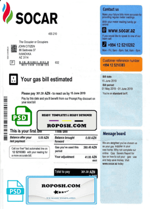 Azerbaijan Socar gas utility bill template, fully editable in PSD format