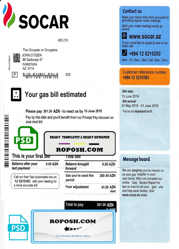 Azerbaijan Socar gas utility bill template, fully editable in PSD format