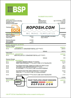 Solomon Islands BSP bank statement template in Word and PDF format