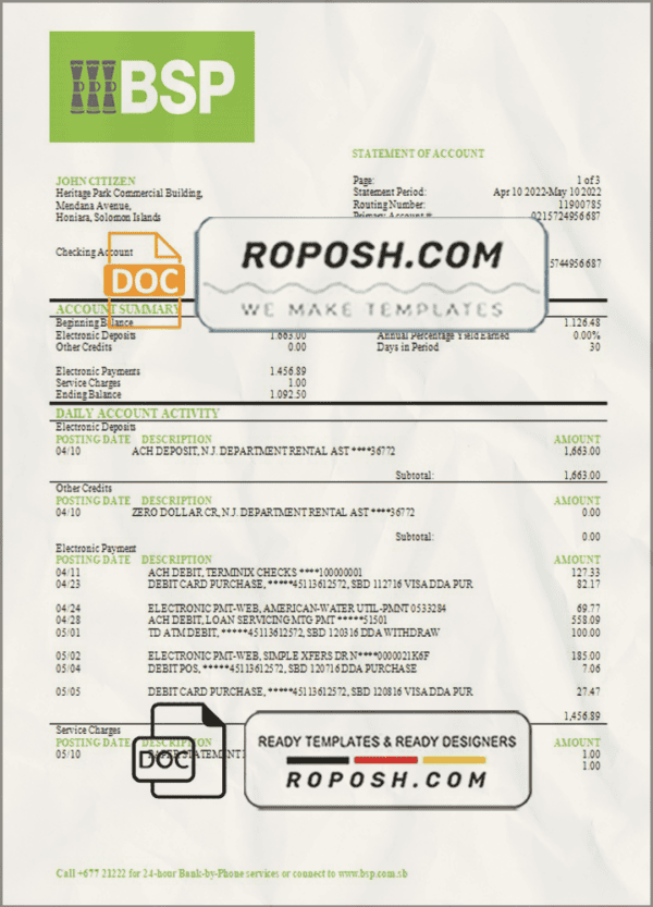 Solomon Islands BSP bank statement template in Word and PDF format