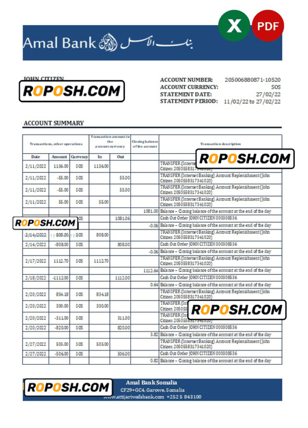 Somalia Amal bank statement, Excel and PDF template