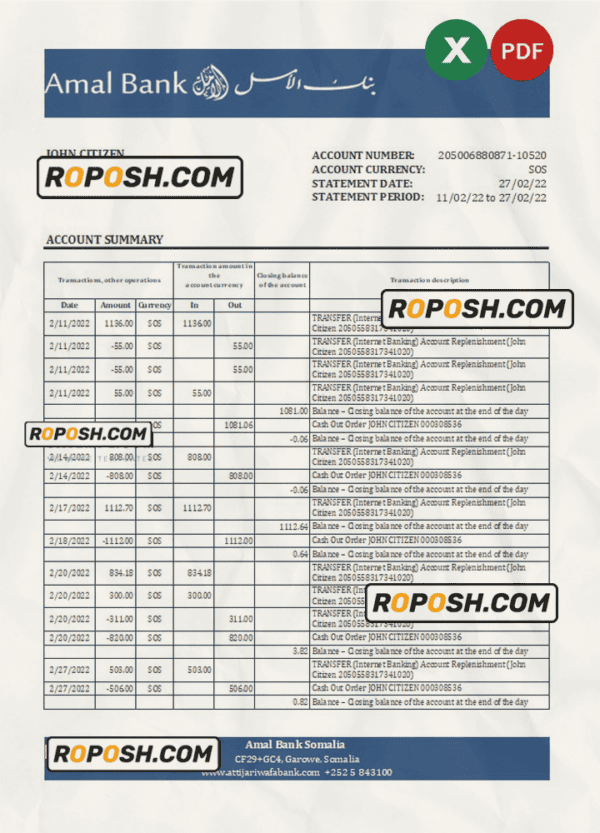 Somalia Amal bank statement, Excel and PDF template