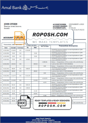 Somalia Amal bank statement template in Word and PDF format