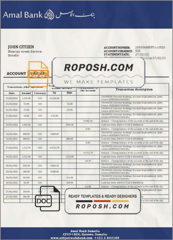 Somalia Amal bank statement template in Word and PDF format