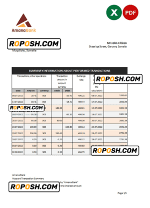 Somalia Amana bank statement, Excel and PDF template