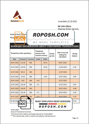 Somalia Amana bank statement template in Word and PDF format