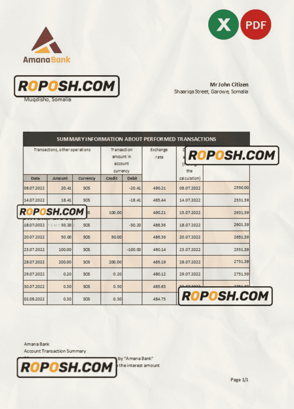 Somalia Amana bank statement, Excel and PDF template