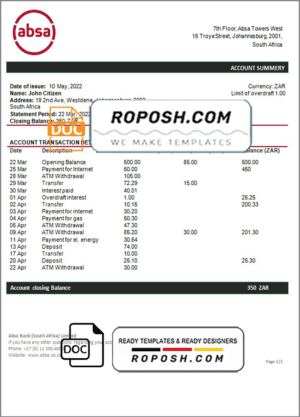 South Africa ABSA bank statement template in Word and PDF format