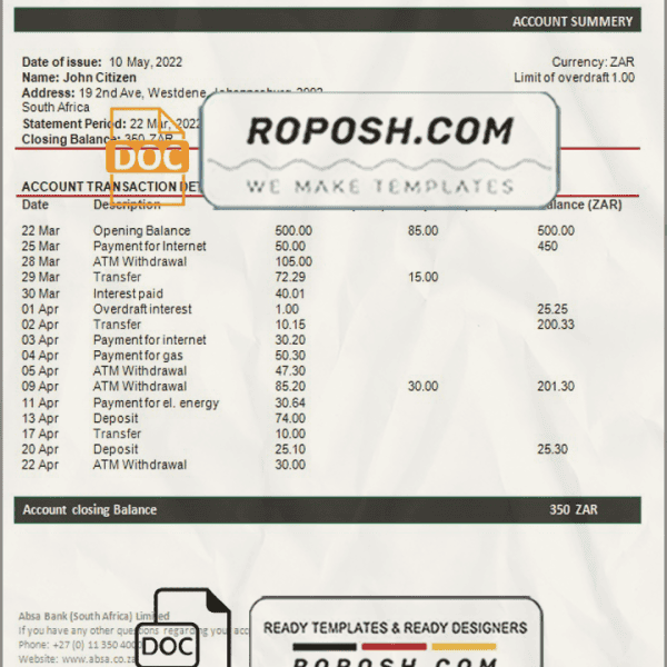 South Africa ABSA bank statement template in Word and PDF format | roposh